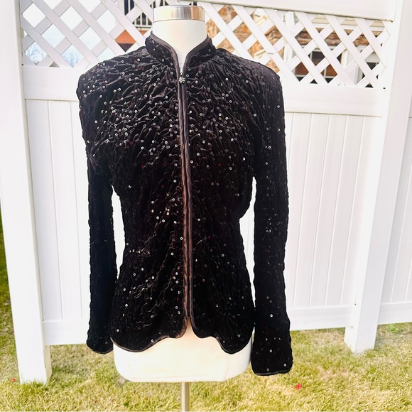 Cachet Vintage Black Sequin Embellished Quilted Full-Zip Jacket Medium